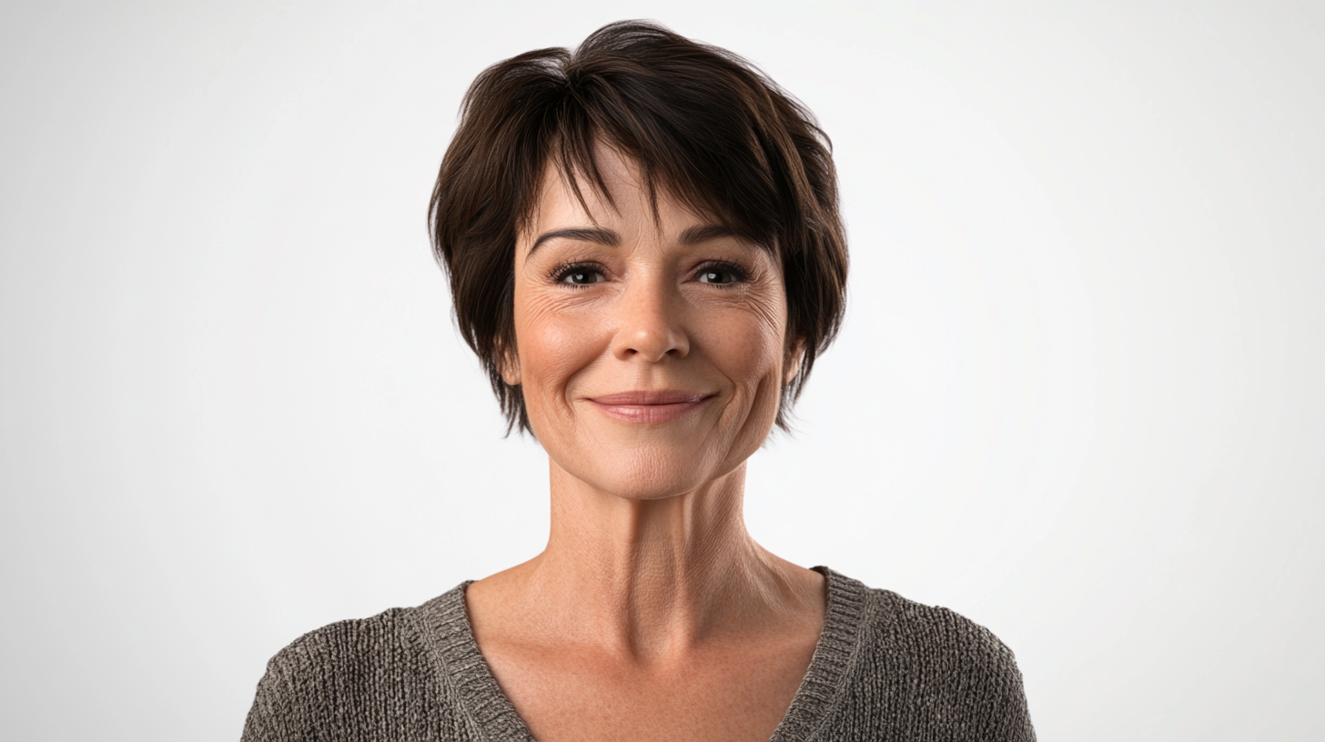 Warm, cheerful short-haired woman in casual attire.