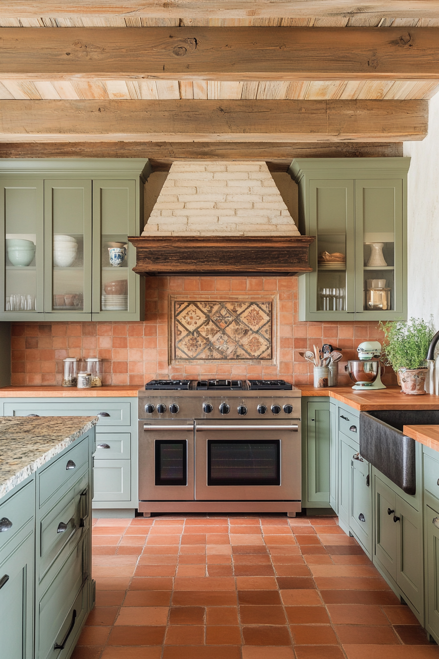 Warm Terra Cotta Kitchen with Olive Green Cabinetry