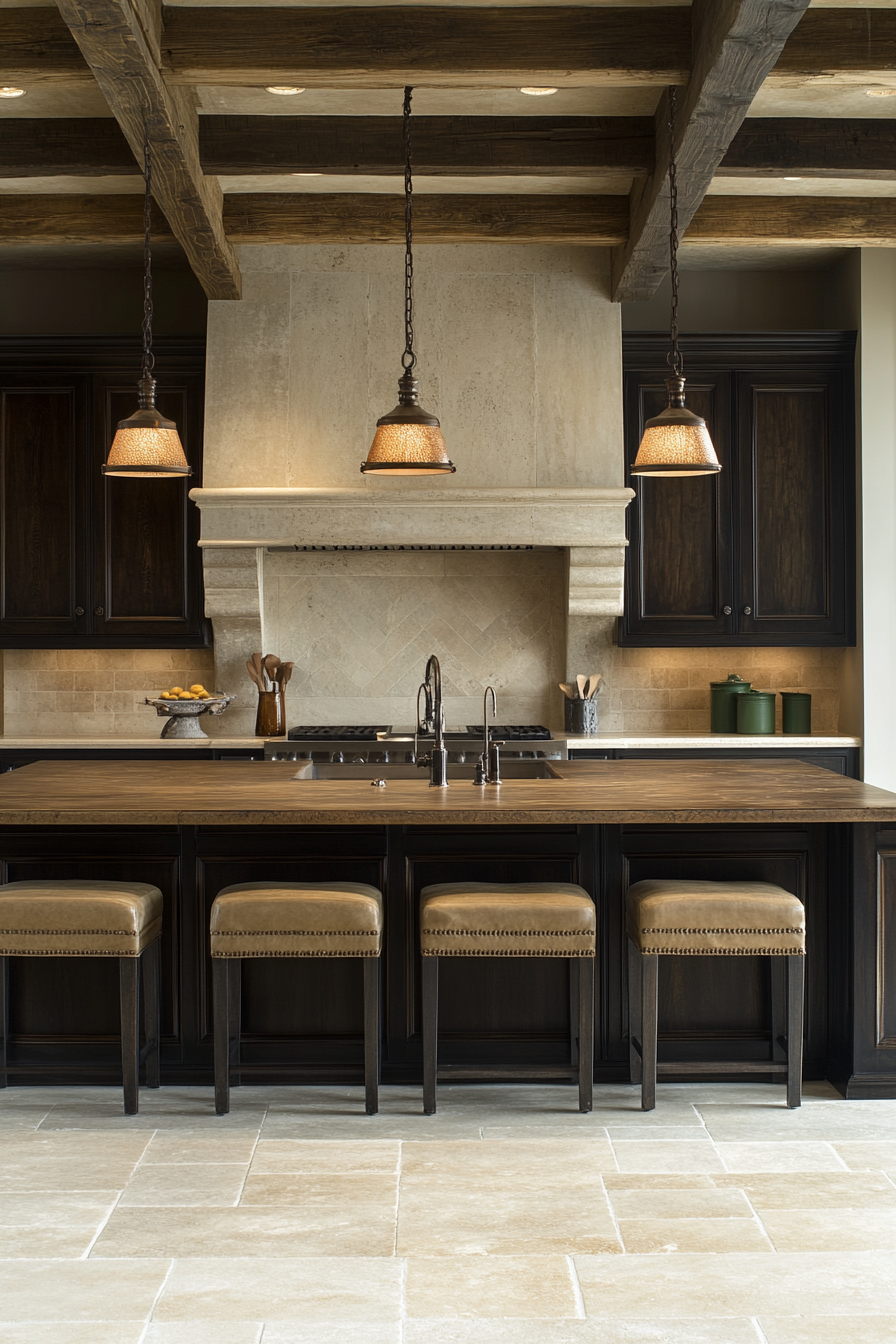 Warm Walnut Kitchen: Dark Cabinets with Green Accents