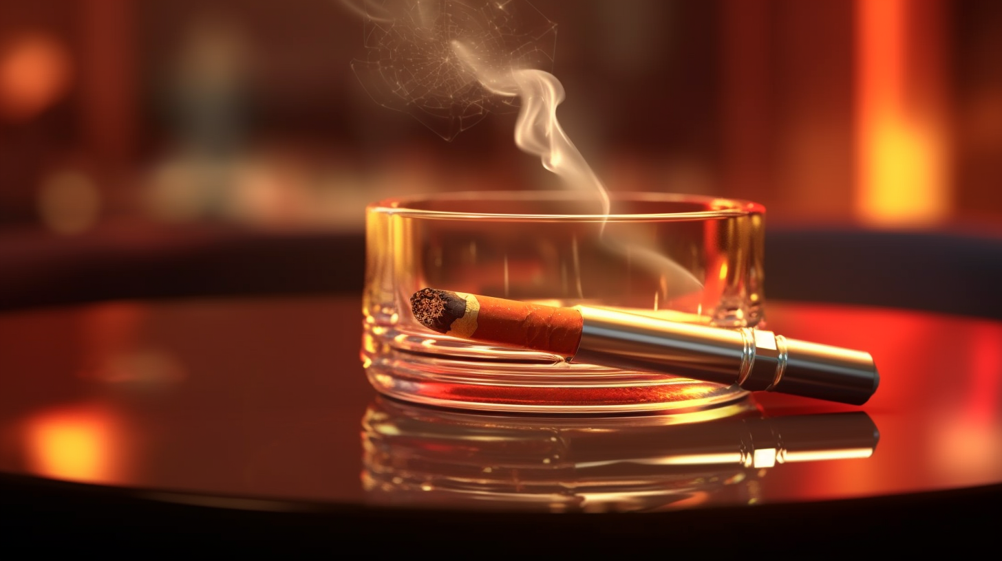 Warm ambiance with swirling smoke in elegant ashtray.