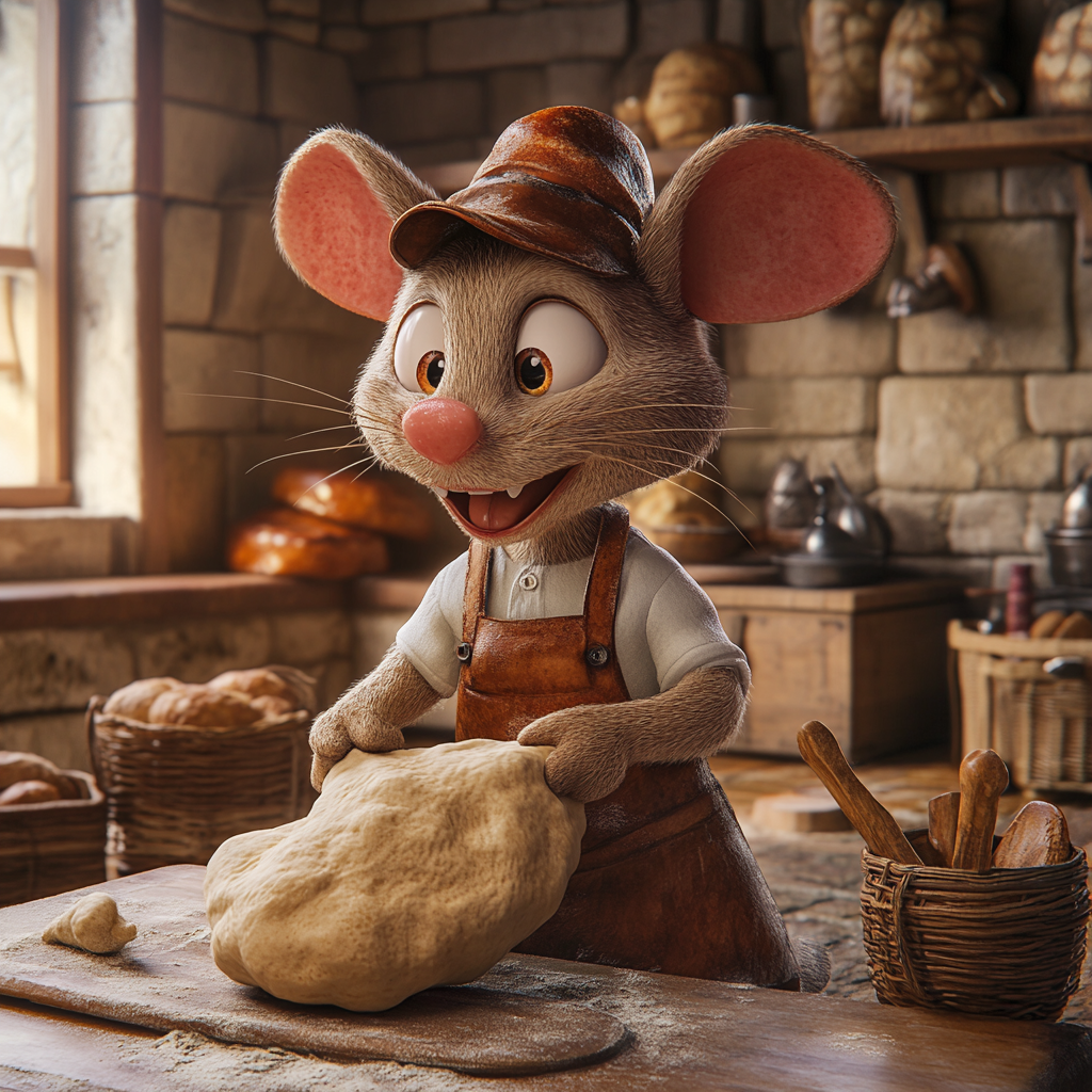 Warm bakery background with mouse baker kneading dough.