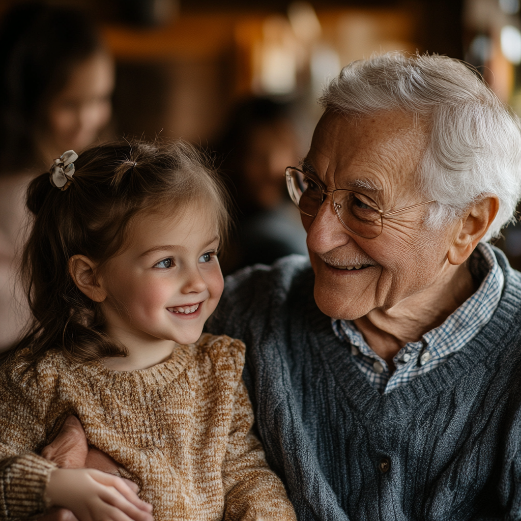 Warm family gathering with grandparents and children candidly interacting.