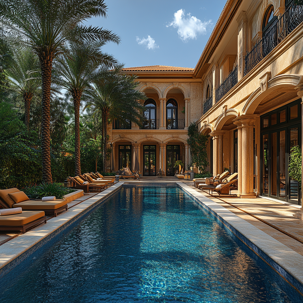 Warm golds, cool blues, luxurious pool villa shot.