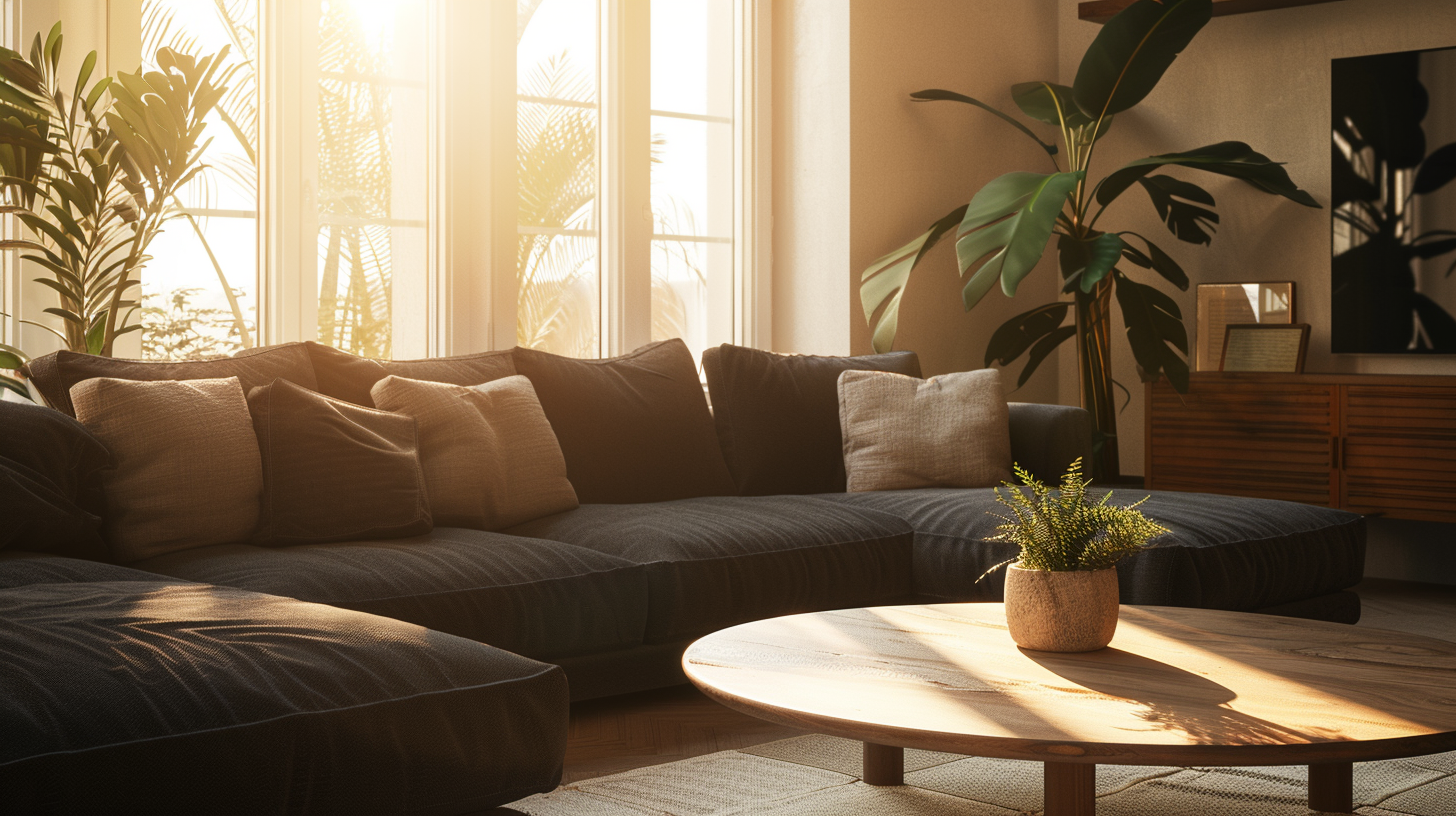 Warm living room with dark sectional sofas, wooden table.