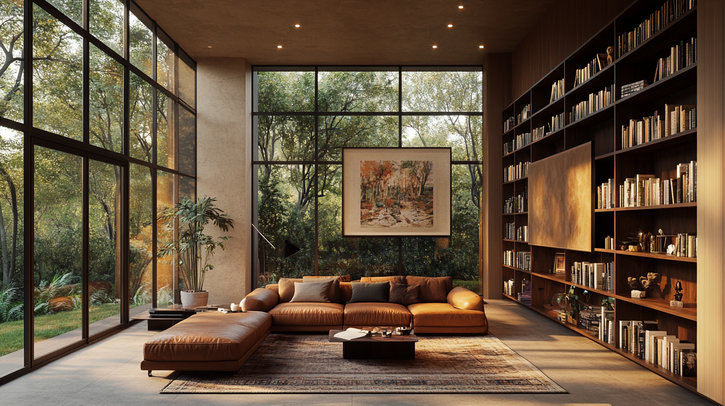 Warm mid-century modern living room with cozy ambiance.