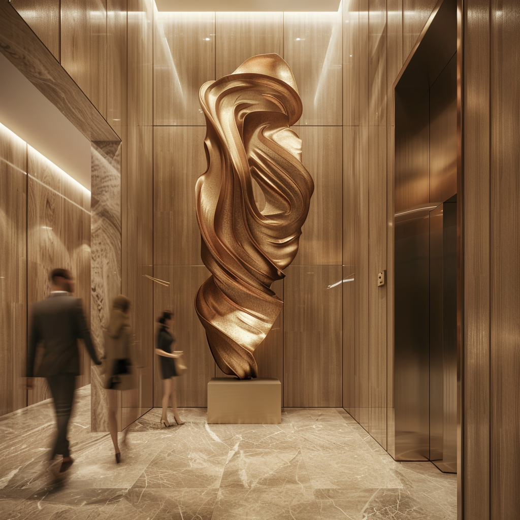 Warm oak hallway with brass sculpture and motion blur.