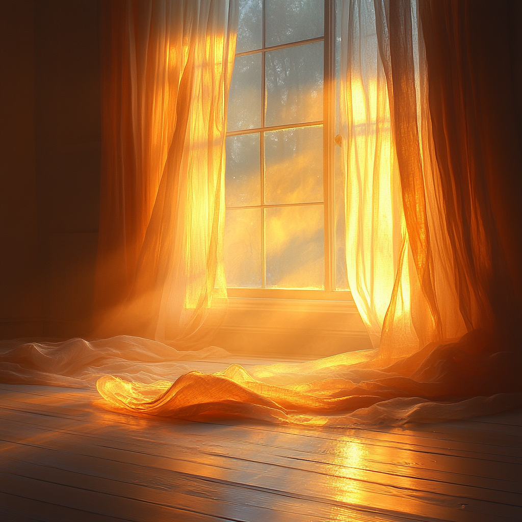 Warm sunlight through window casts tranquil room glow.