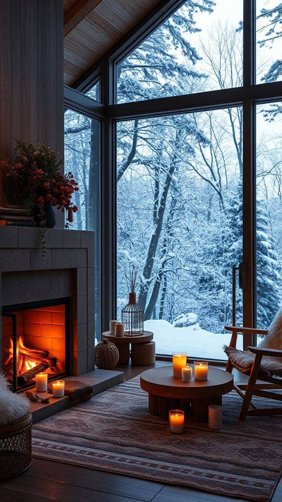 Warm winter evening in cozy forest cabin