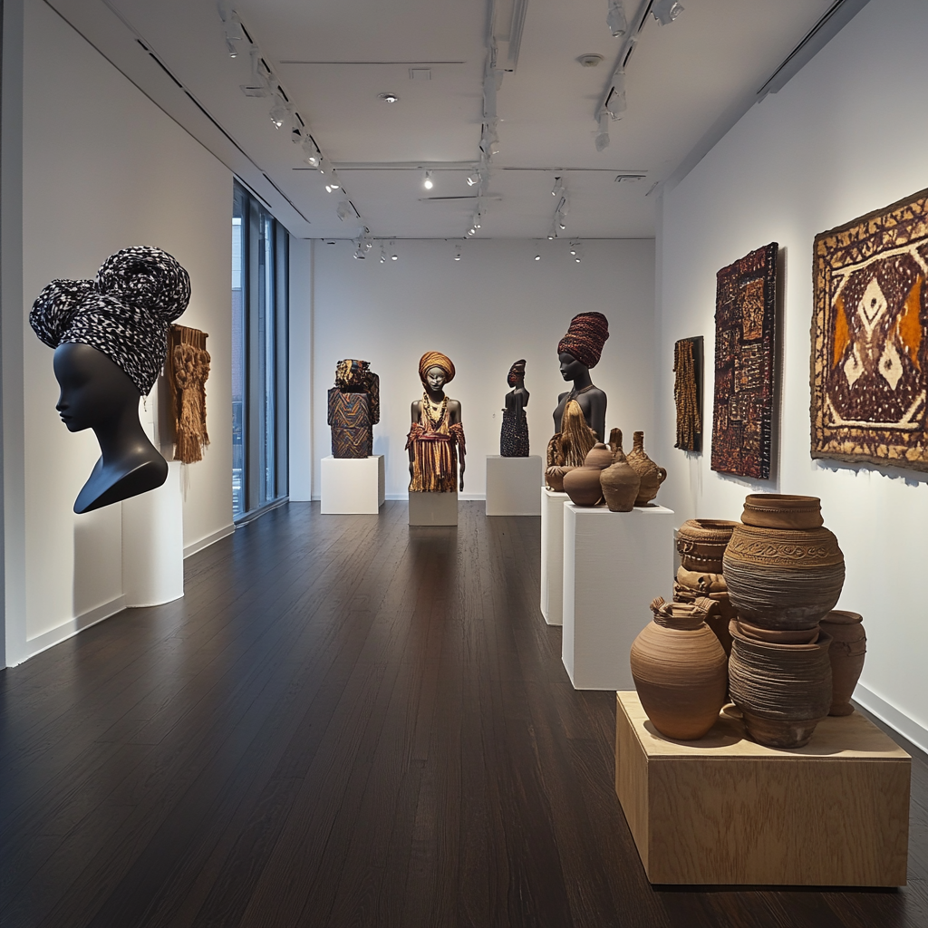 Warmly lit gallery room with fashion mannequins and clay structures.