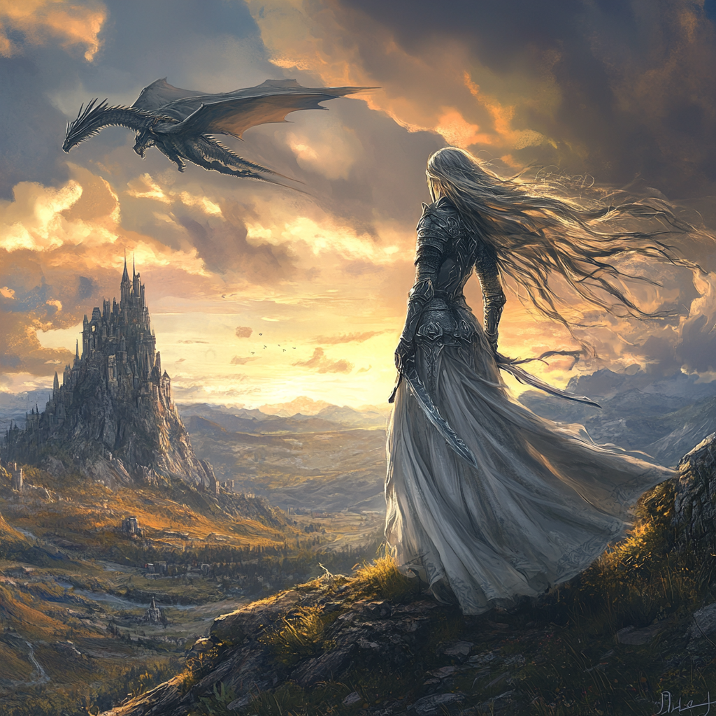 Warrior Princess and Dragon at Sunset Scene