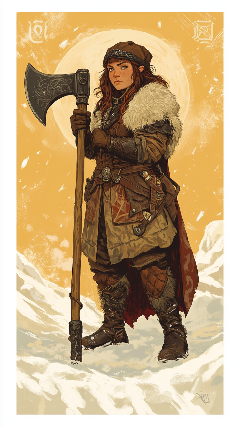 Warrior dwarf woman with giant axe trading card