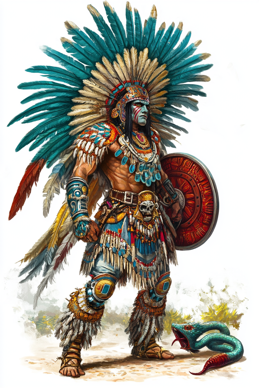 Warrior god Huitzilopochtli in hummingbird feather armor