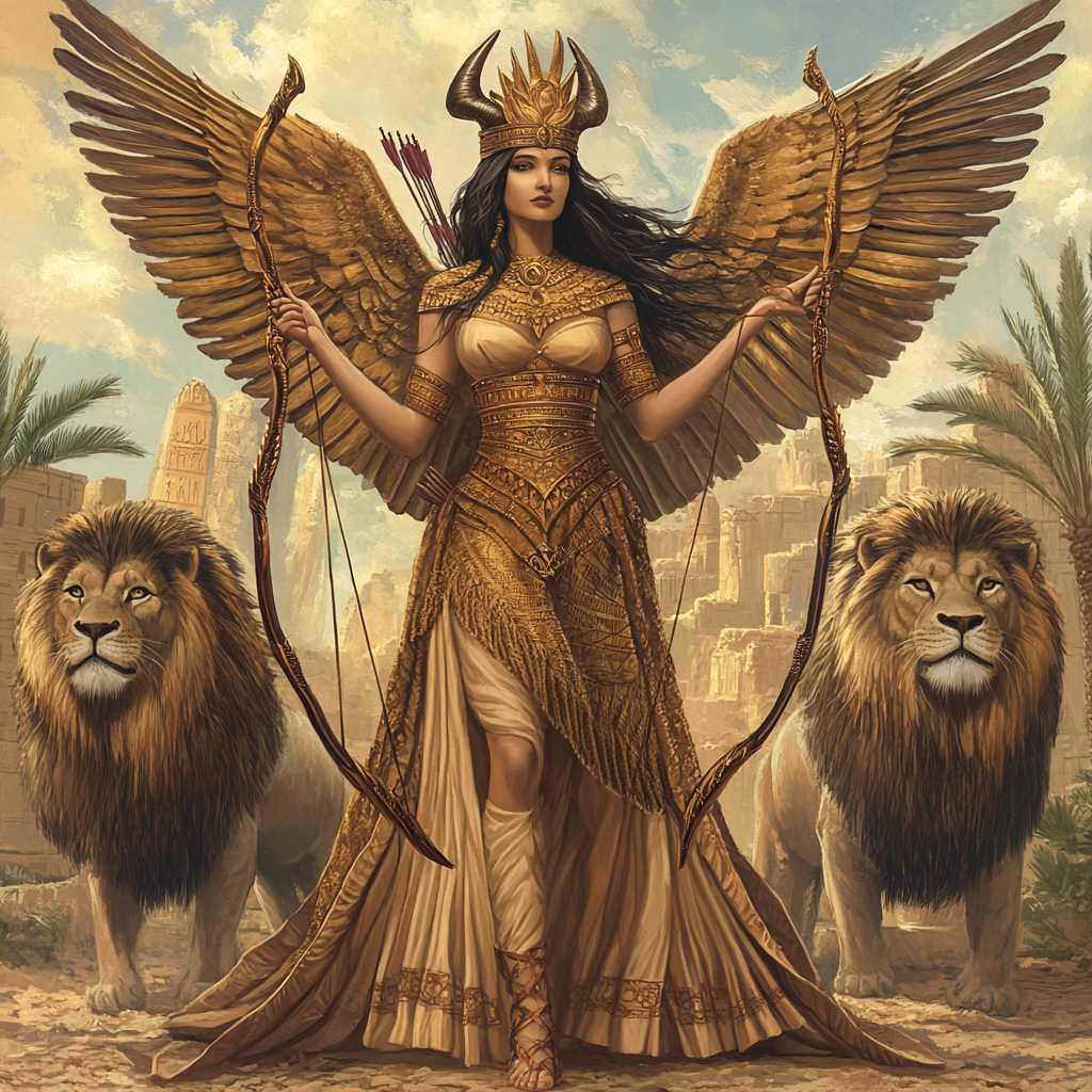 Warrior goddess Ishtar, winged beauty standing on lions.