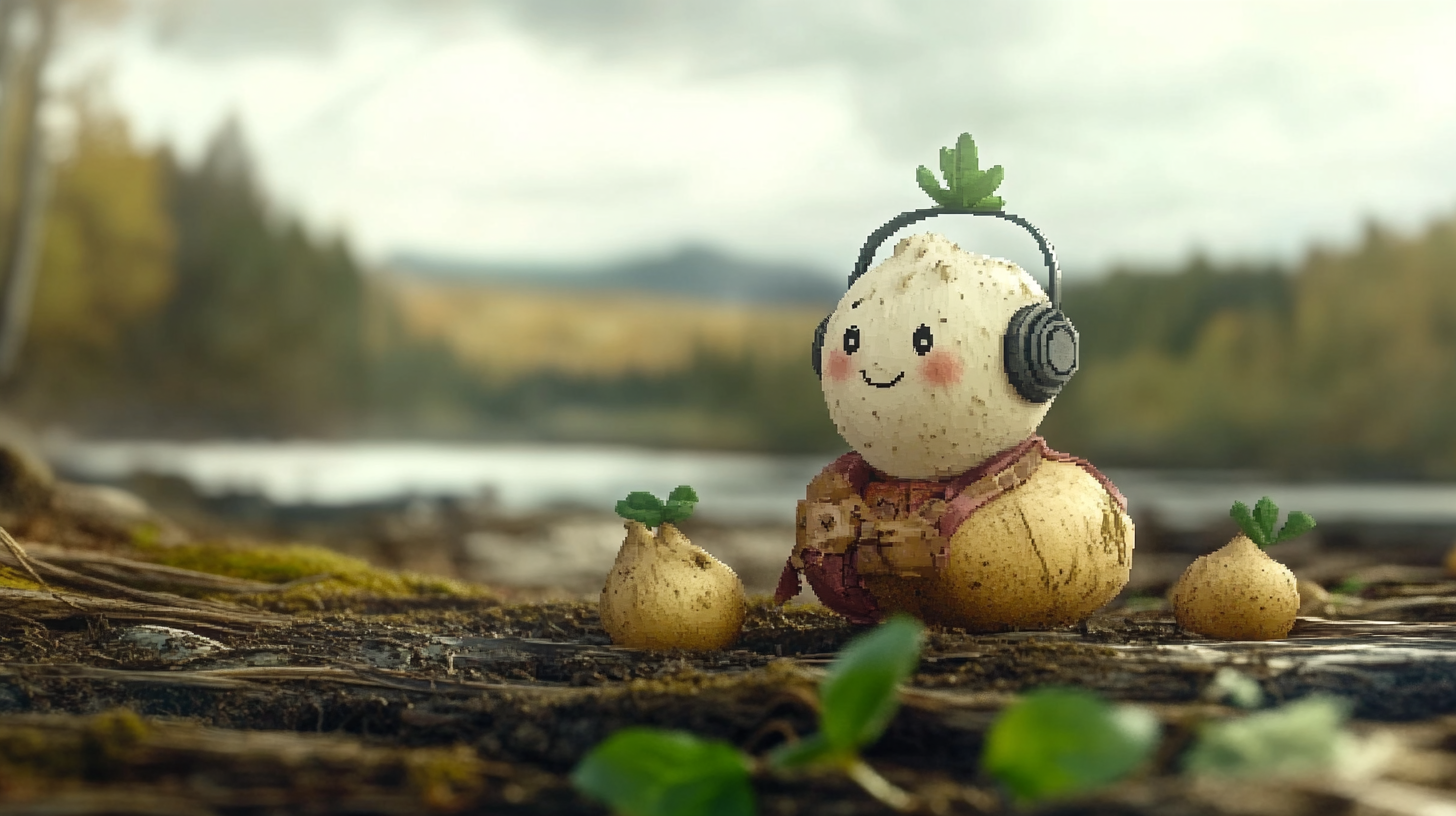 Warrior marshmallow with headphones in pixel potato farm.