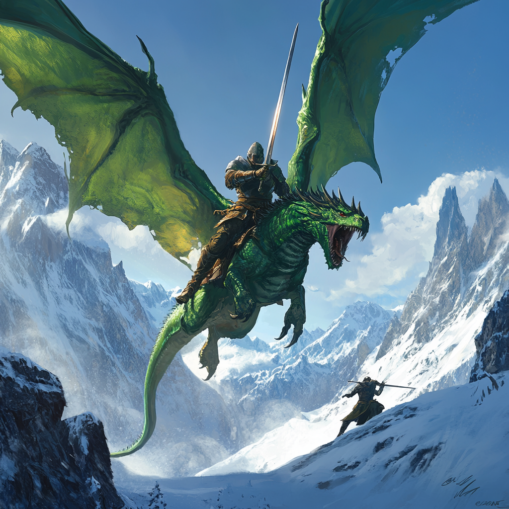 Warrior on dragon attacks warrior on mountain plateau in snow.