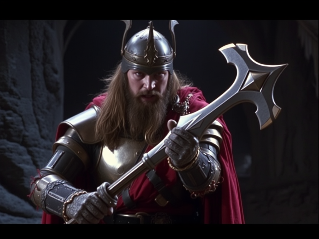 Warrior with a war hammer, Excalibur DVD screengrab.