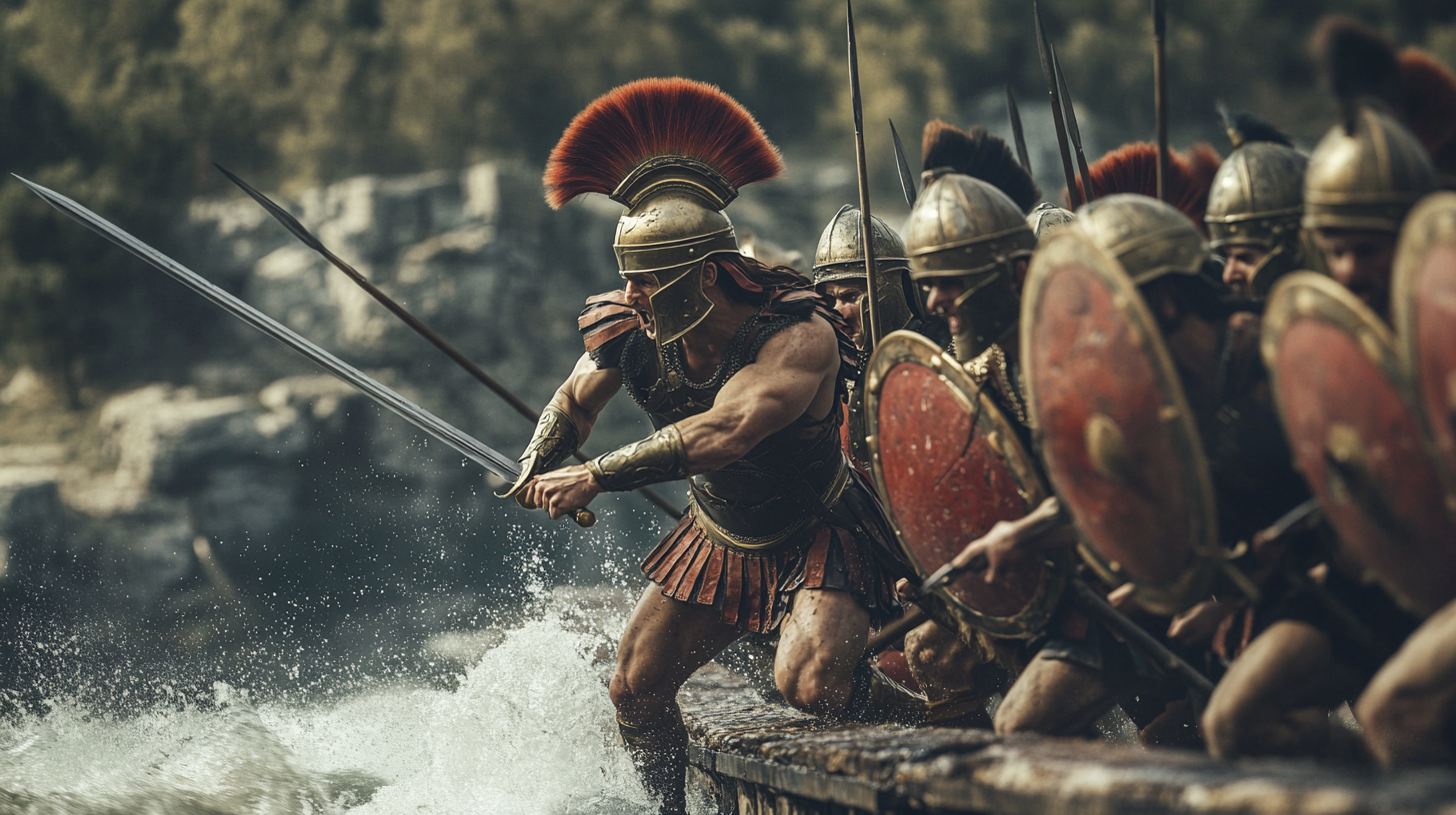 Warriors battling fiercely on bridge over turbulent waters.