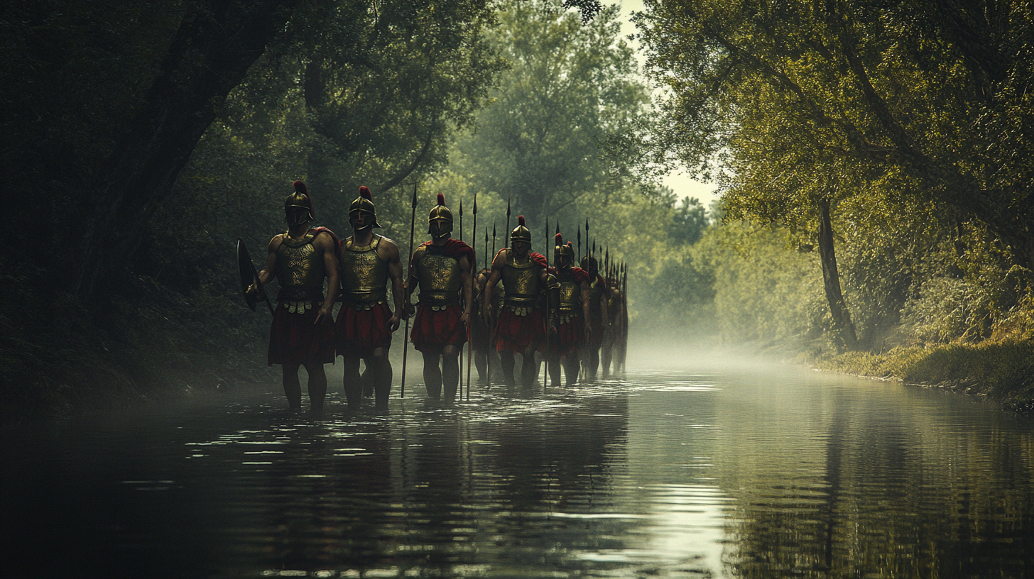 Warriors crossing river with armor, mist rising, forest around.