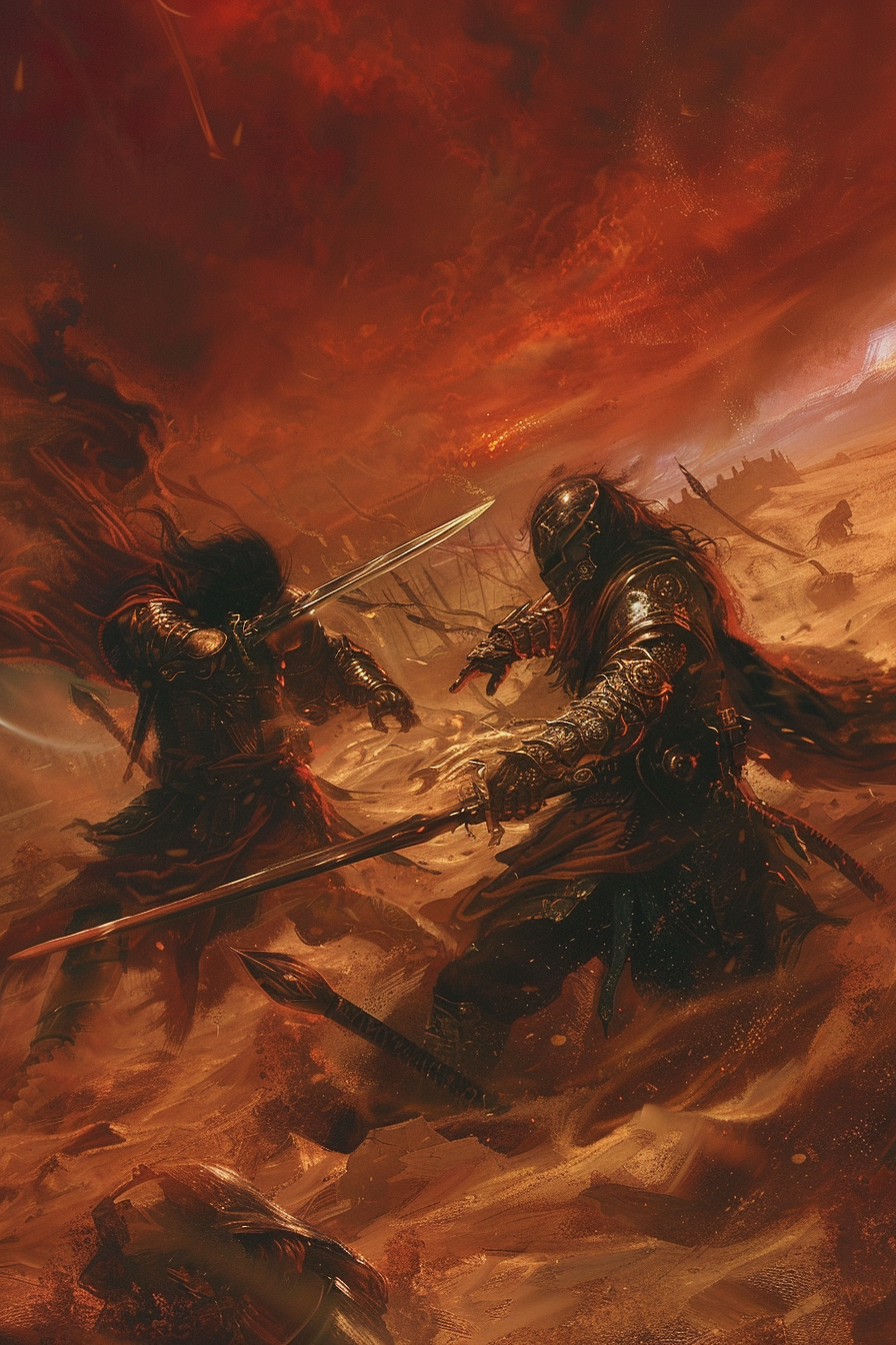 Warriors duel in desert with stormy sky and ruins.