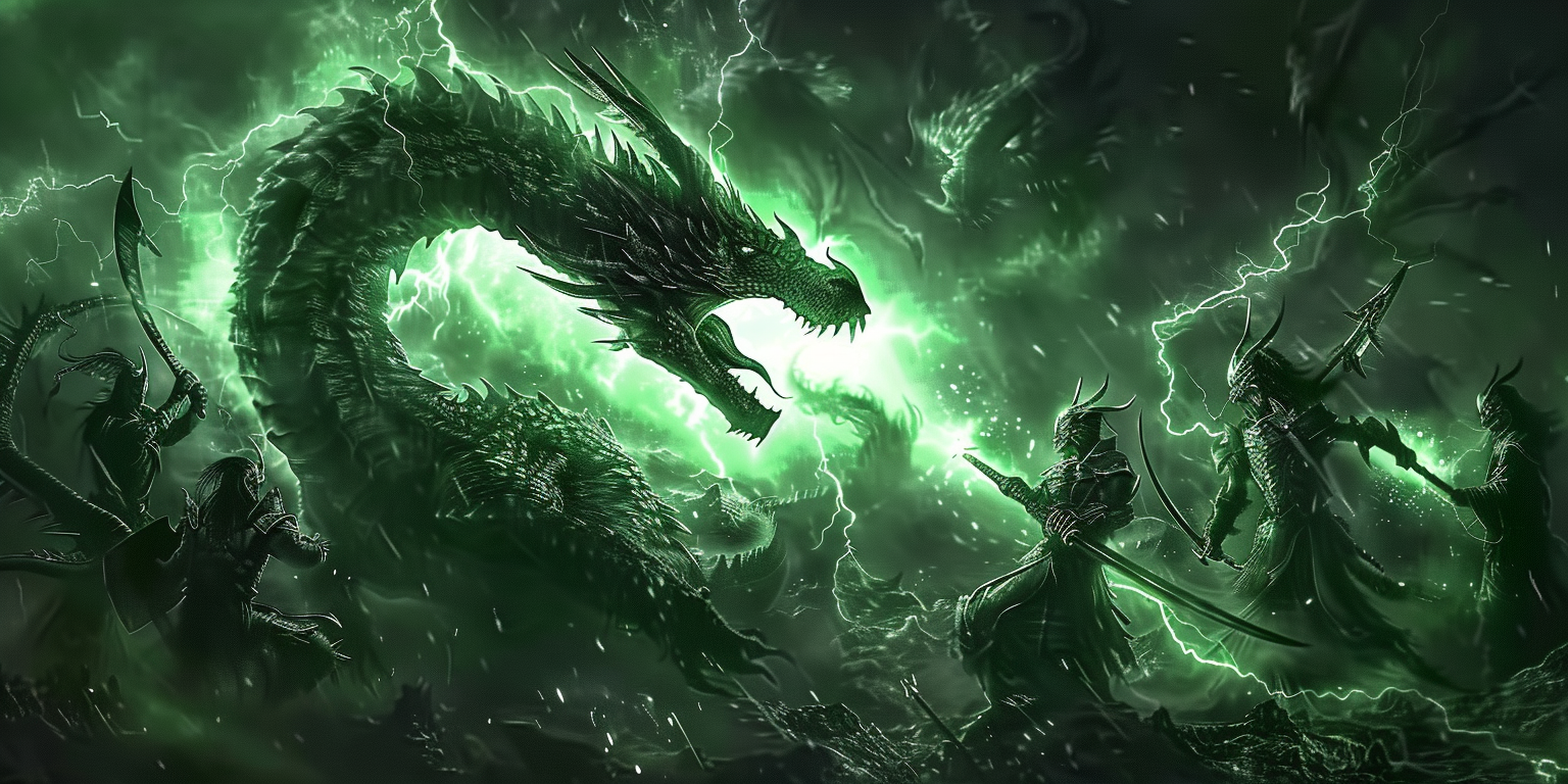 Warriors fight dragon in night with green aura.