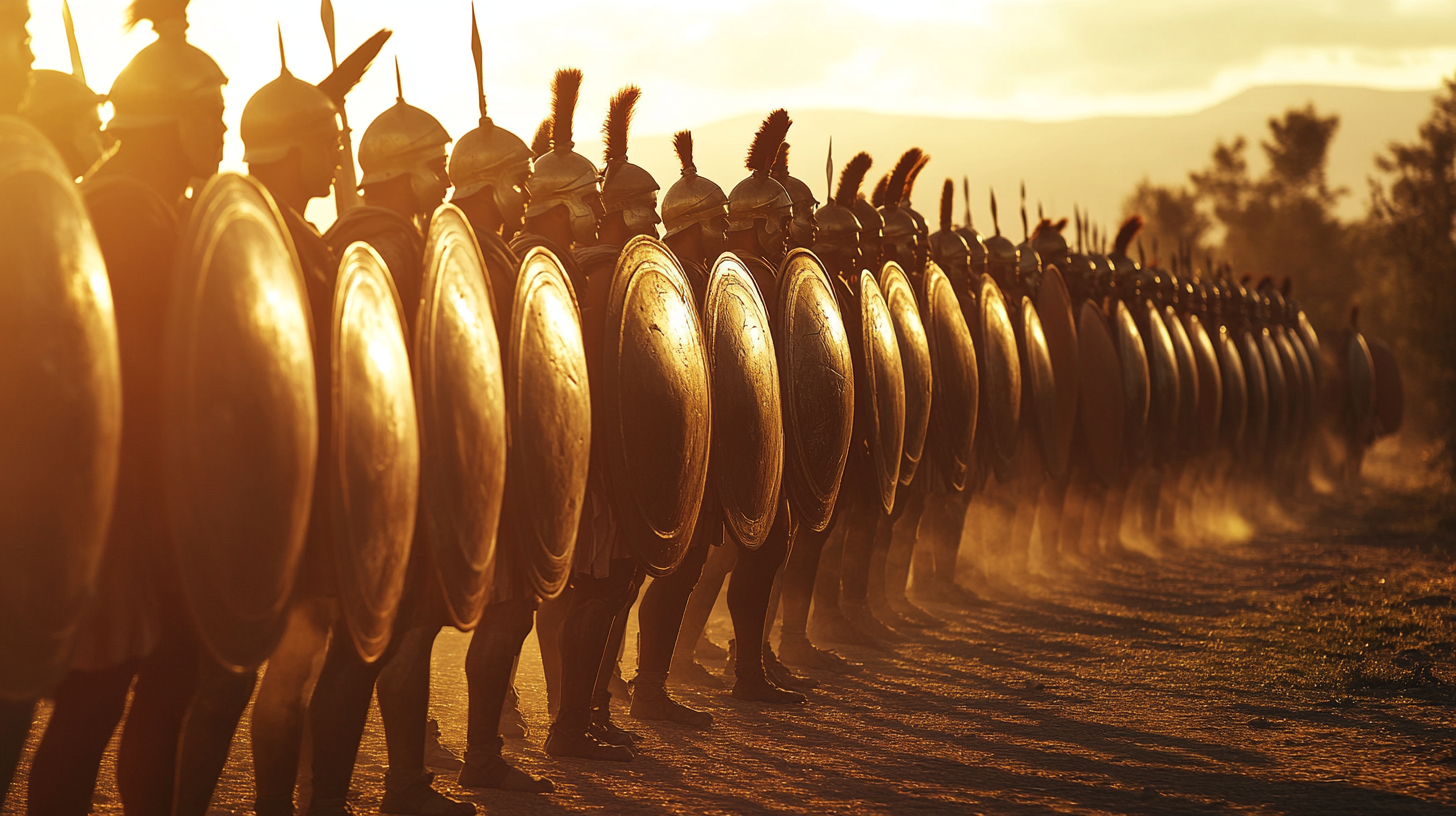 Warriors training, shields, shadows, ancient Greece background - realistic.