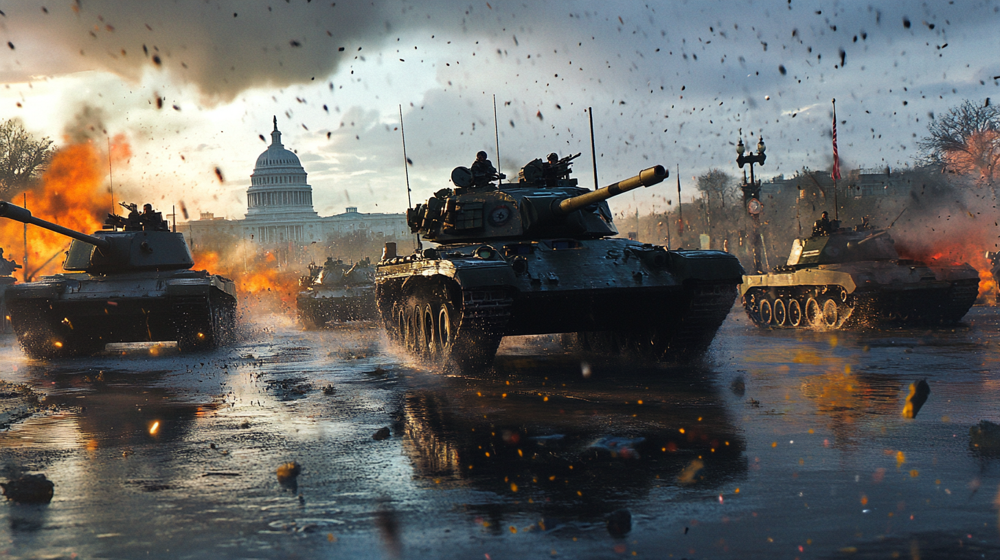 Washington tanks driving in hyper-realistic image.