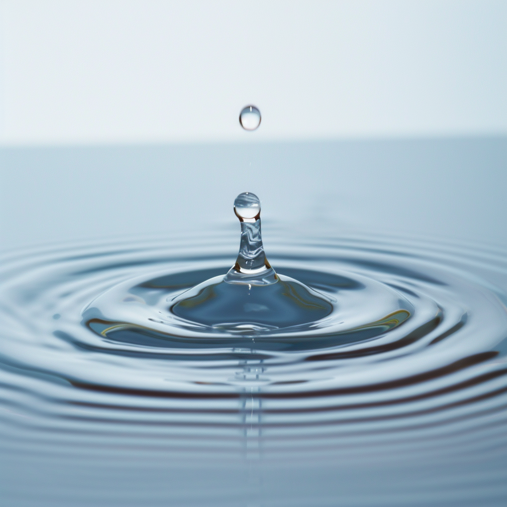 Water droplet creating ripples on light blue surface.