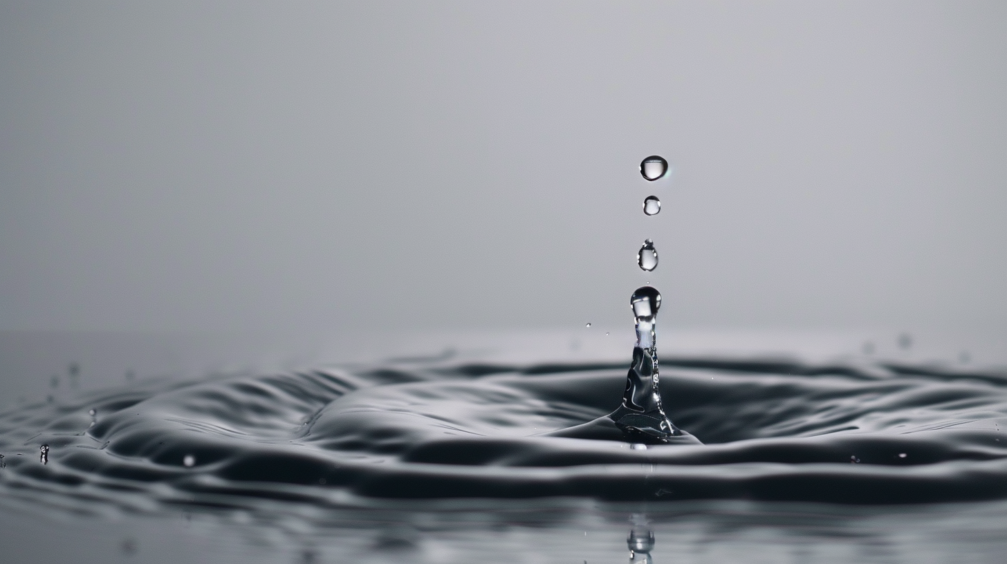 Water droplet falling, studio background grey to white gradient.