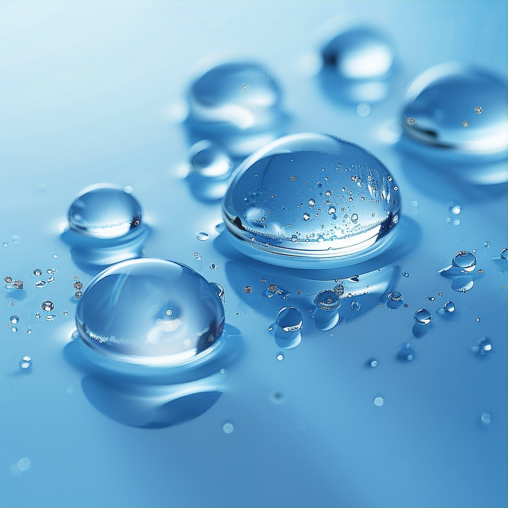 Water droplets in different sizes on blue background.