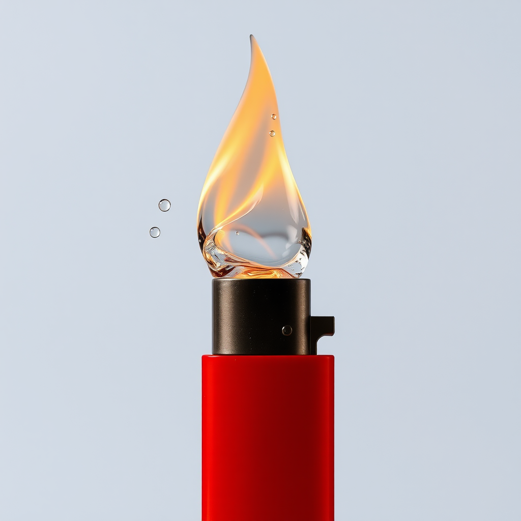 Water flame with liquid glass swirls and droplets.