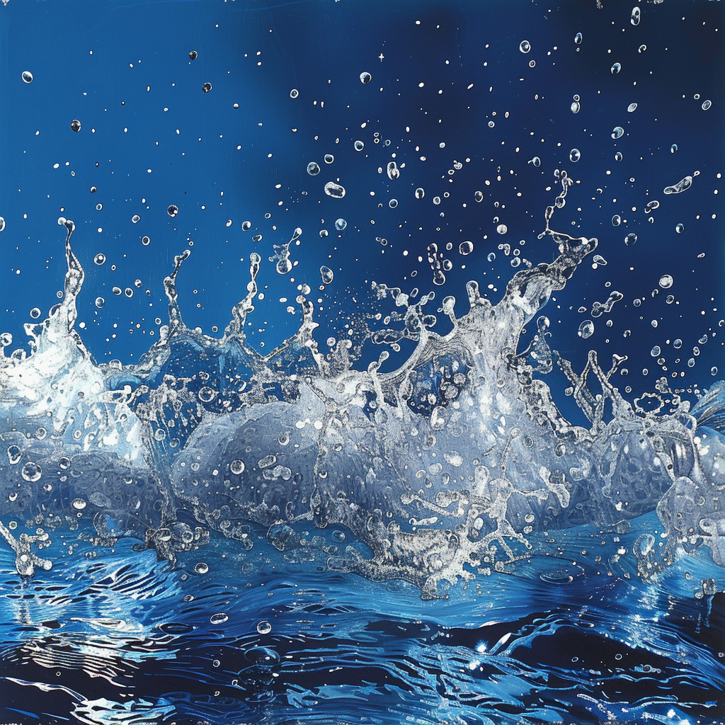 Water splashes in motion against deep blue backdrop.