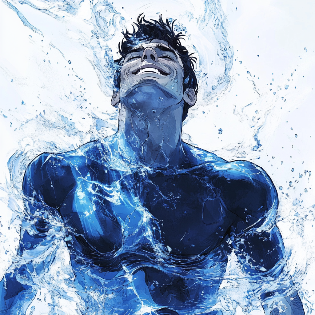 Water superhero with blue body smiling. White background. Style.