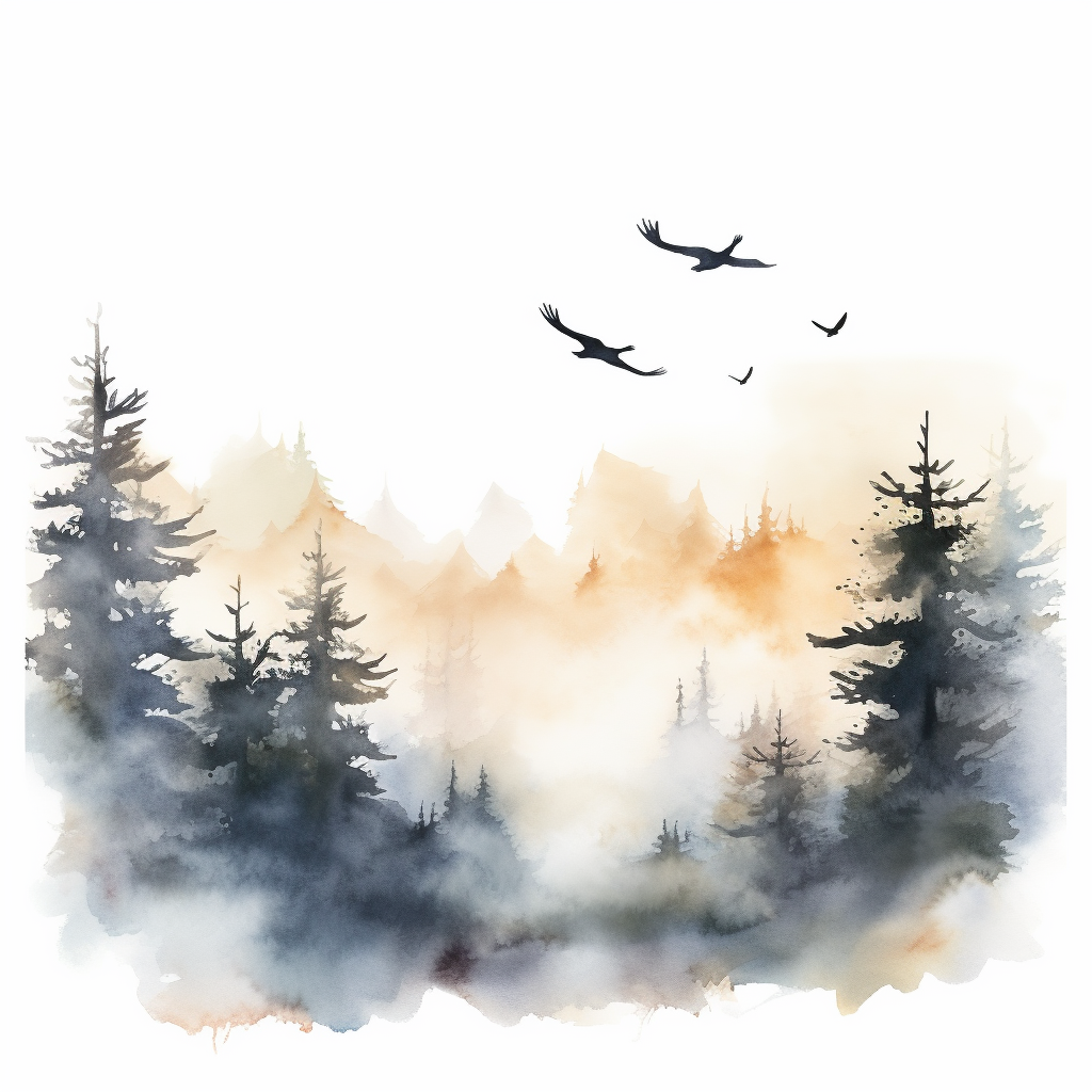 Watercolor Autumn Landscape with Bird Silhouettes