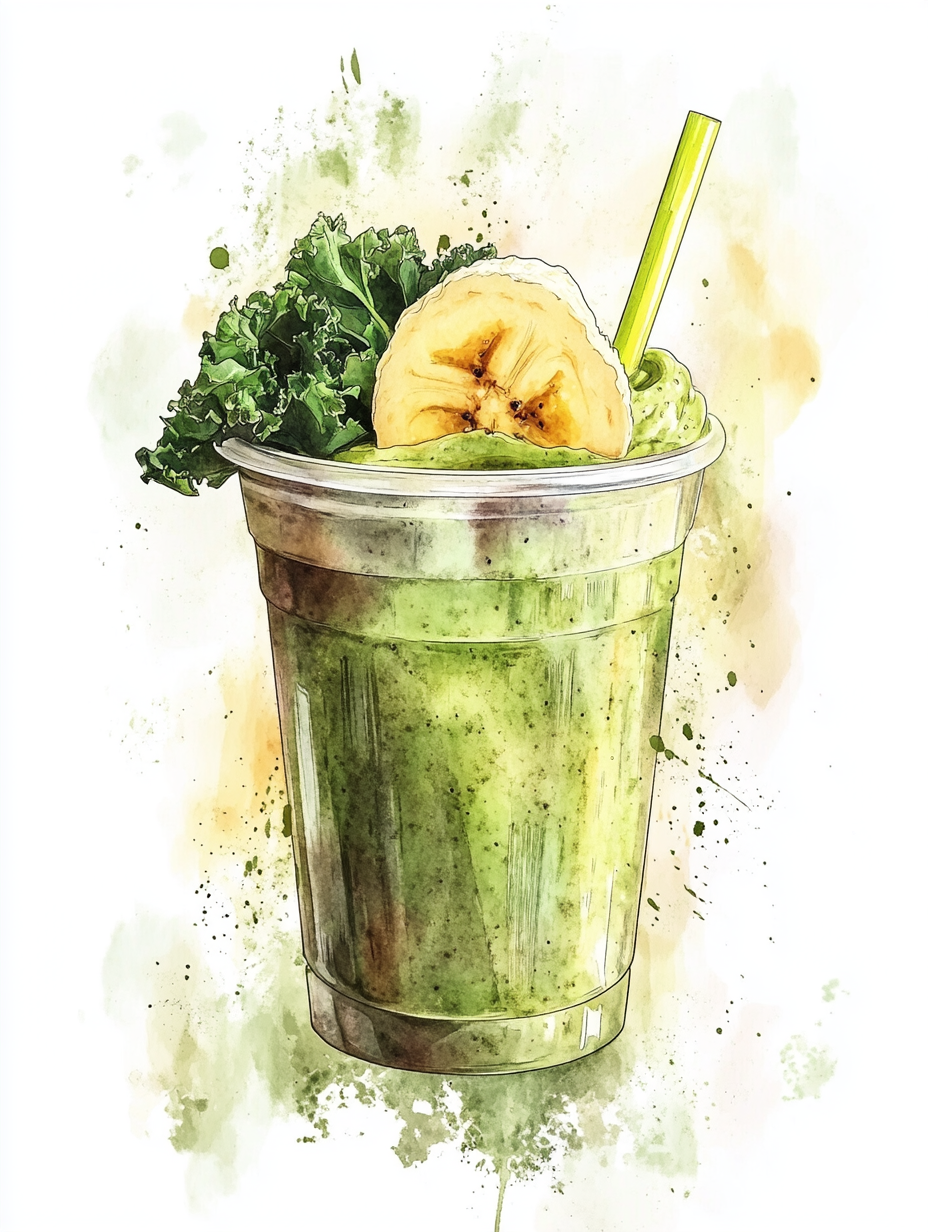 Watercolor Food Art Shake Illustration With Avocado and Kale