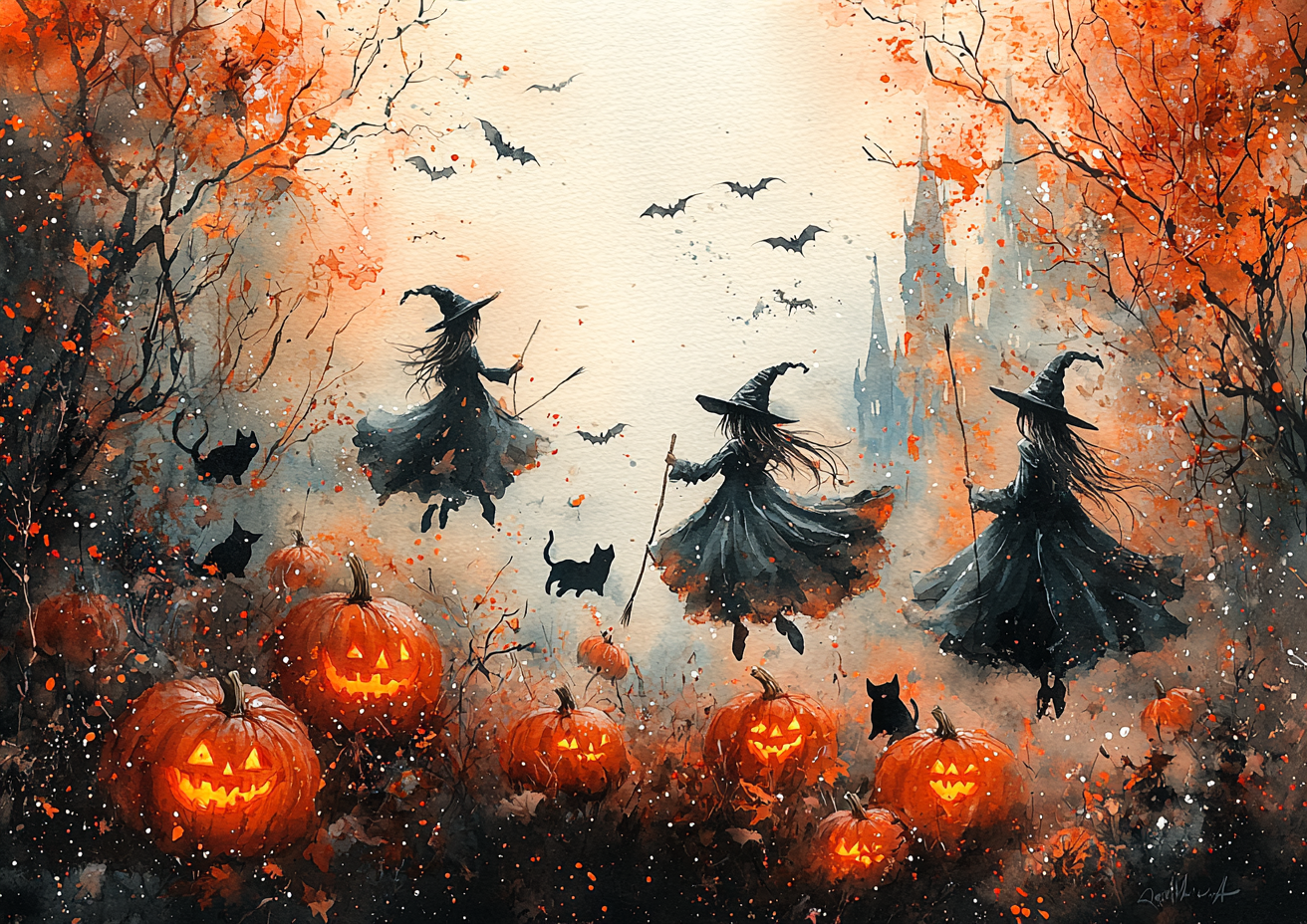 Watercolor Halloween scene with glowing pumpkins, black cats.