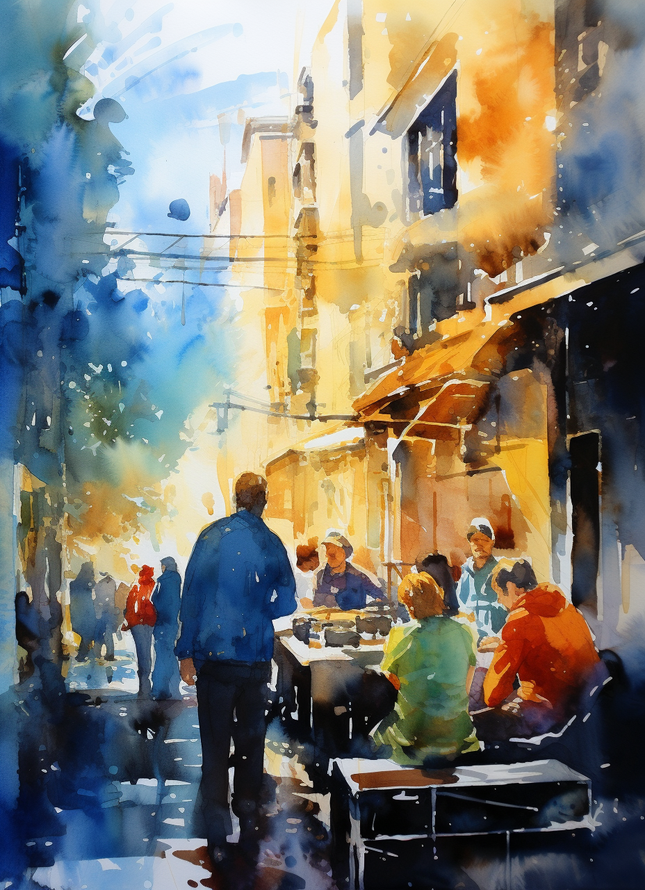 Sketch of people on colorful street