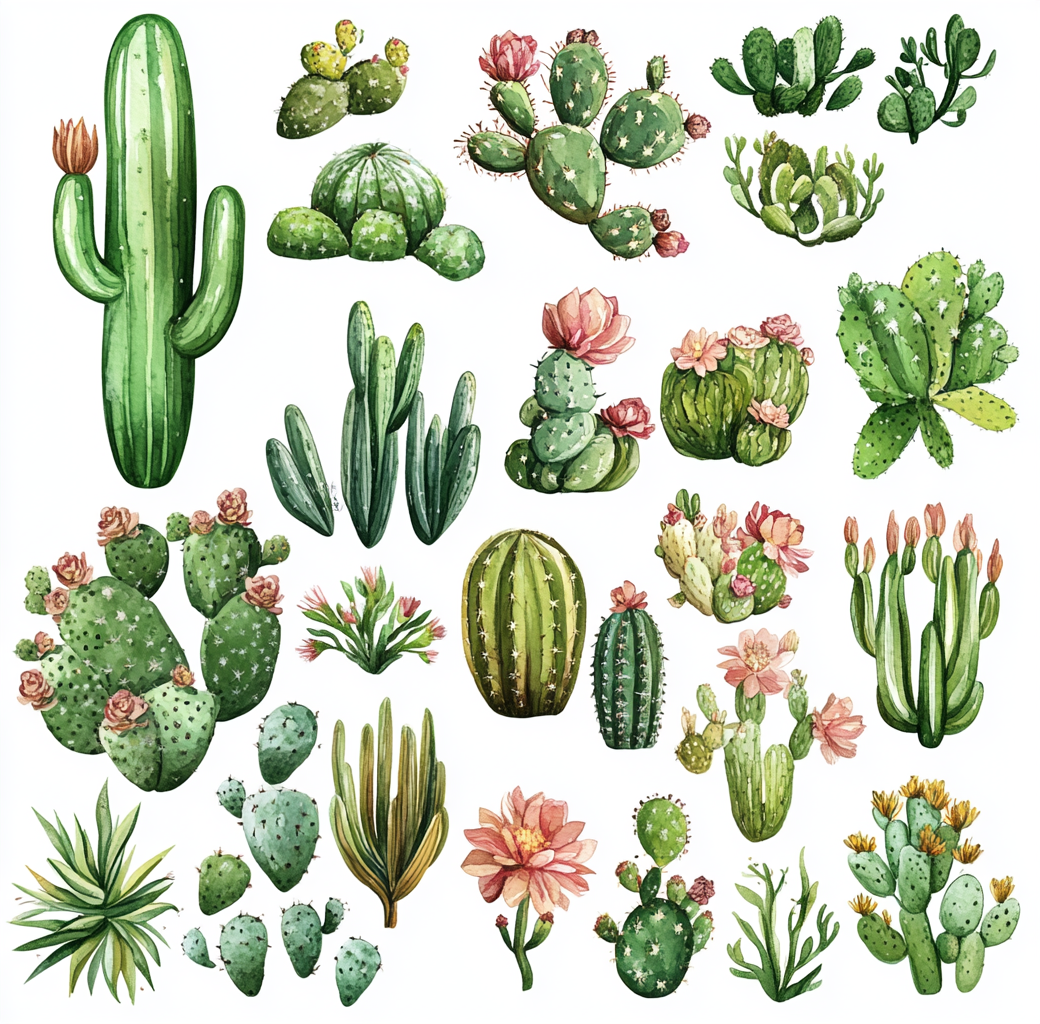 Watercolor cactus flower and leaf stickers on white background.