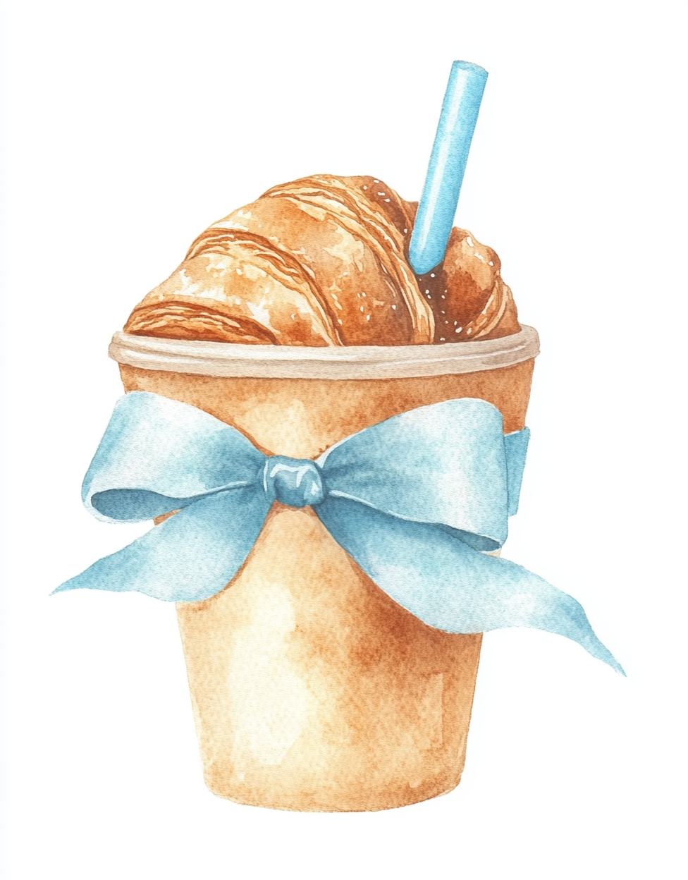 Watercolor croissant drawing with blue ribbon, ice coffee clipart.