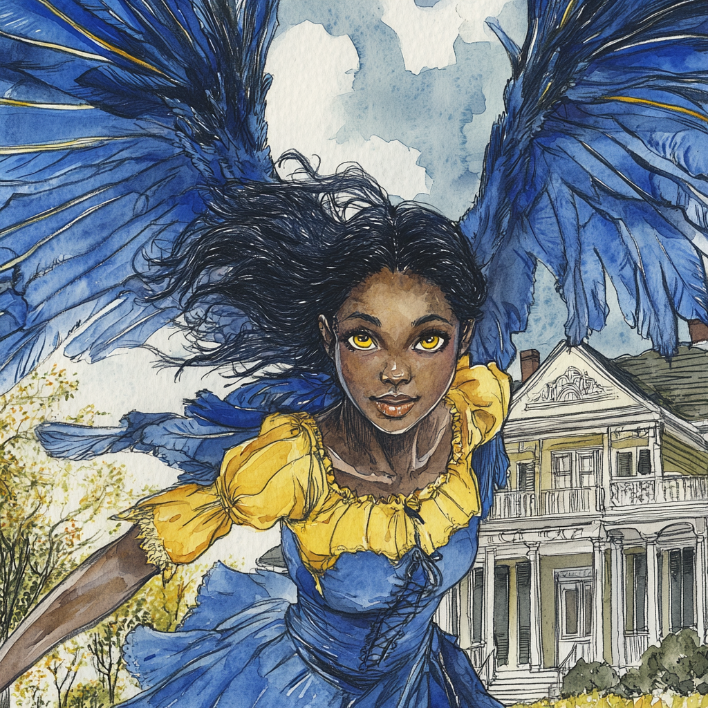 Watercolor drawing of young dark-skinned southern belle flying