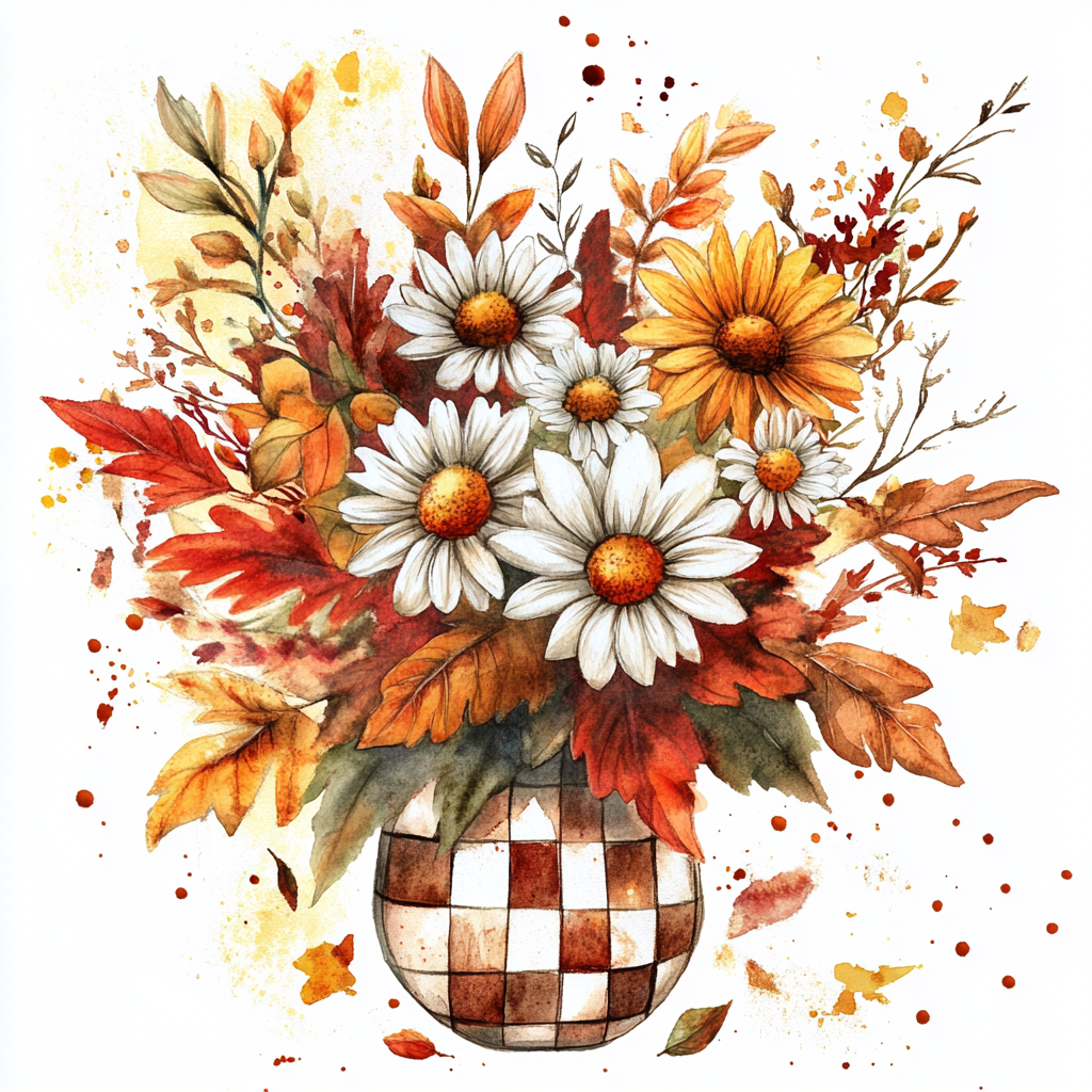 Watercolor handrawn fall bouquet with daisies on white background.