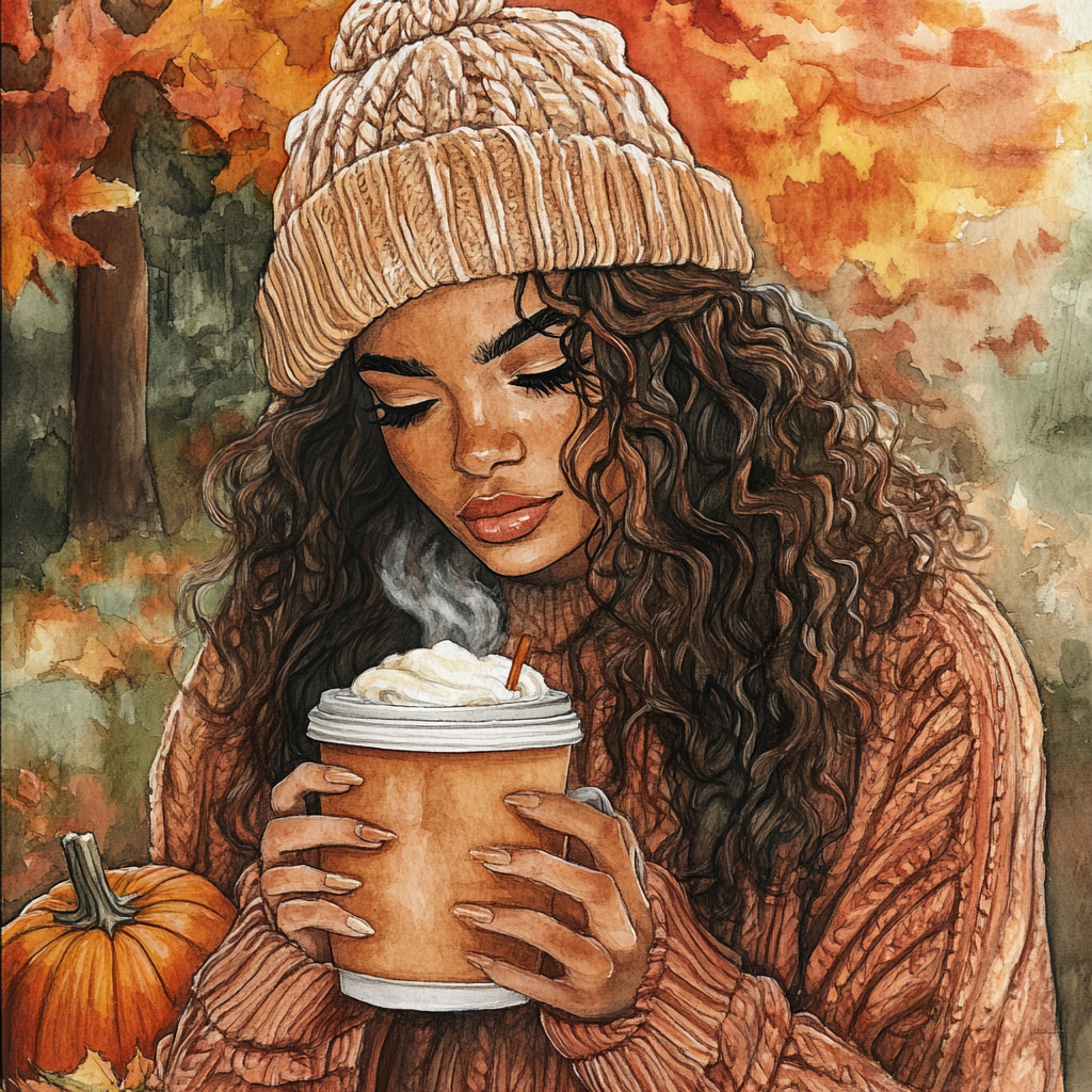 Watercolor illustration of boho Latina woman in fall.