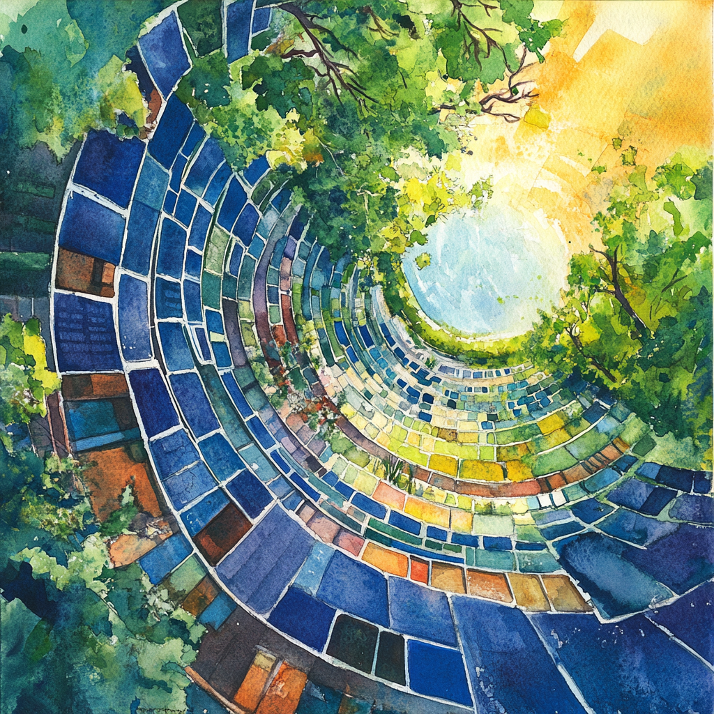 Watercolor of Solar Energy: Success with Recycling Panels.