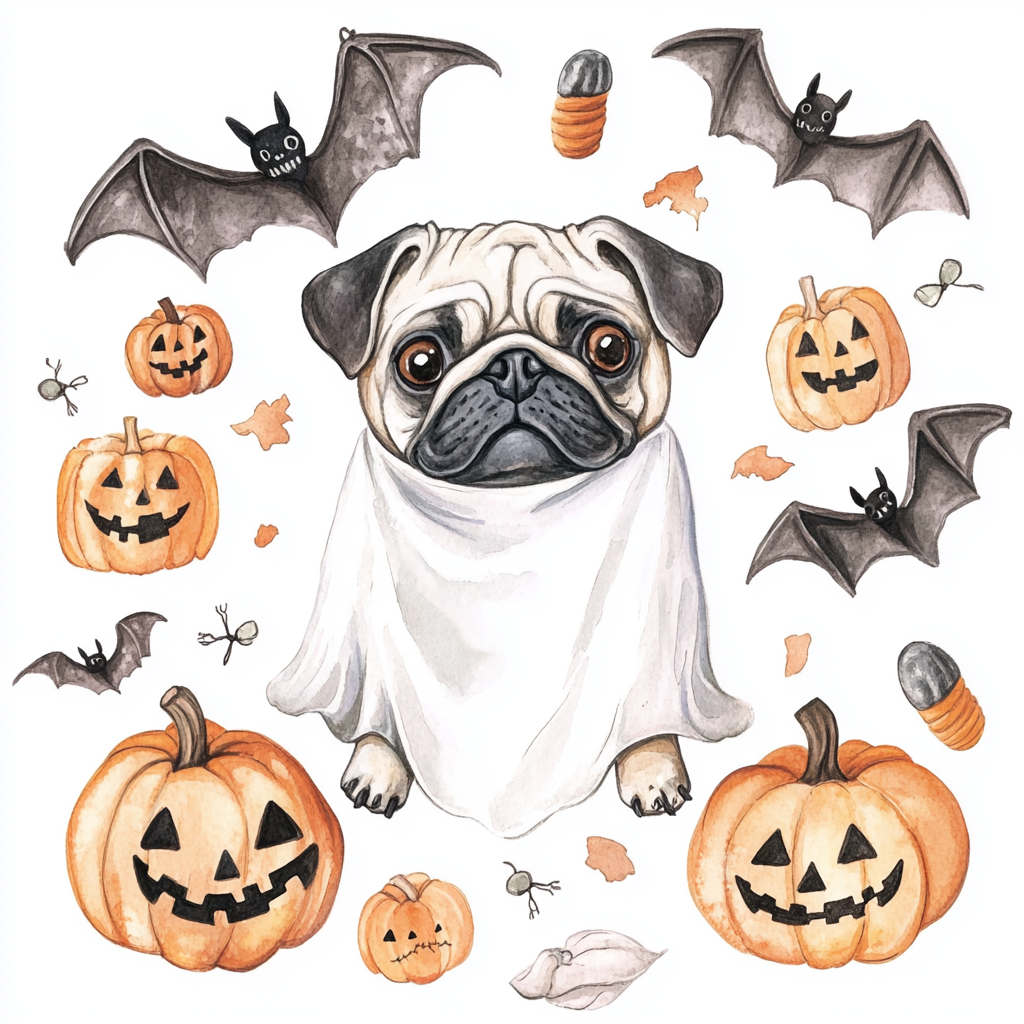 Watercolor pug in ghost costume with Halloween elements.