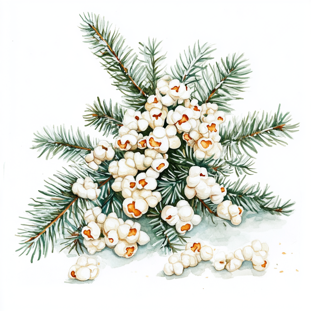 Watercolour painting of popcorn garland on furry Christmas tree.