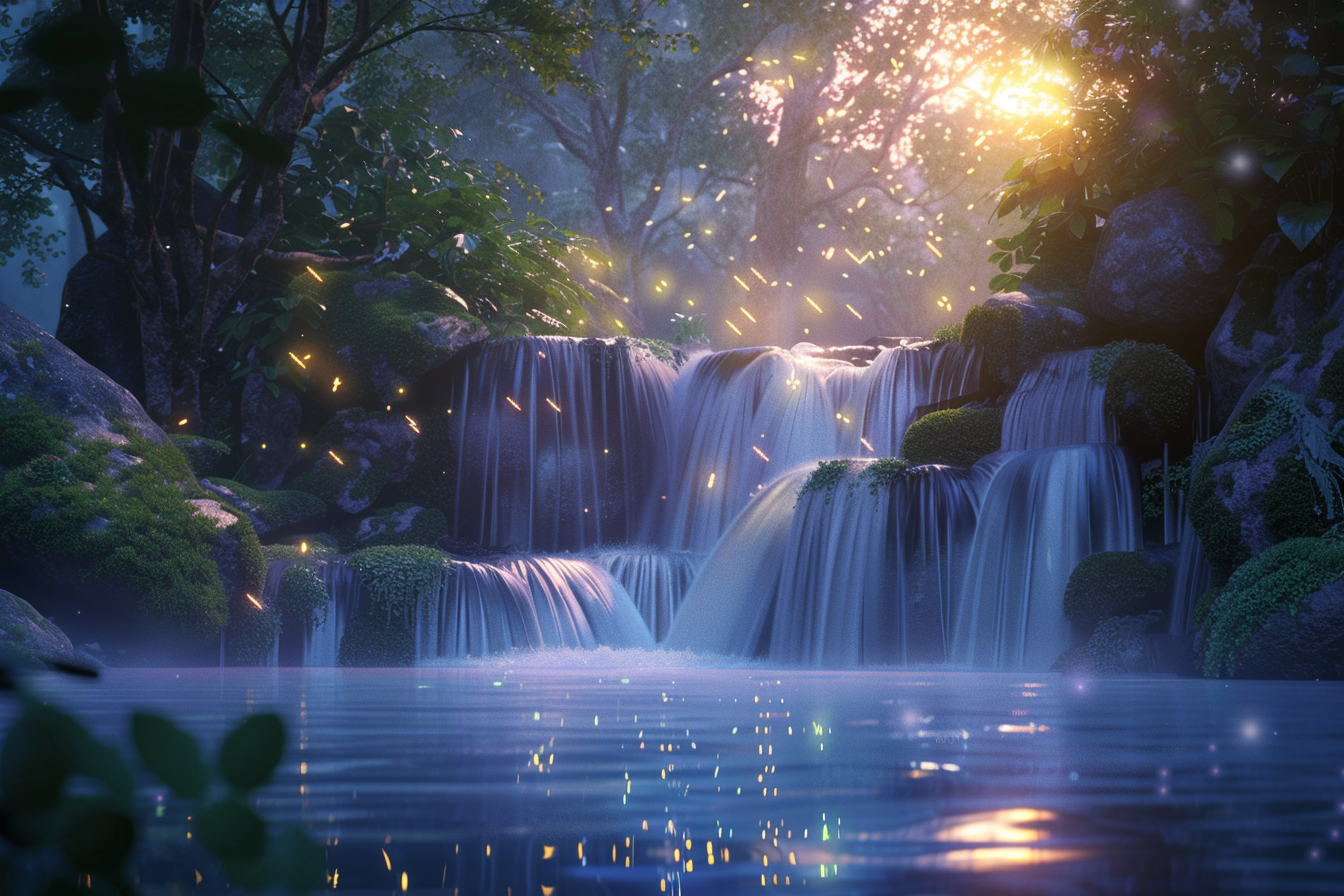 Waterfall at dusk with fireflies above crystal-clear pool.