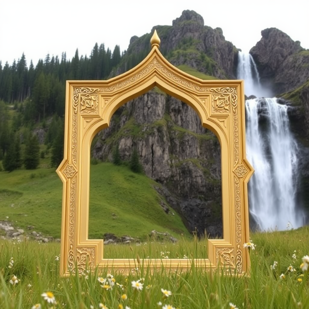 Waterfall next to a frame in meadow.