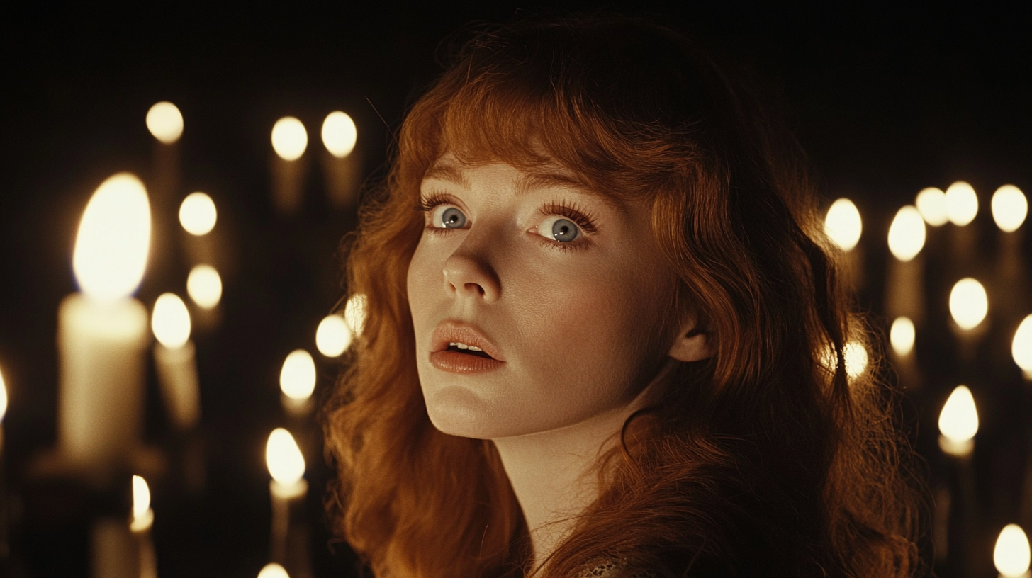 Wavy red hair, haunting blue eyes in candle-lit house.