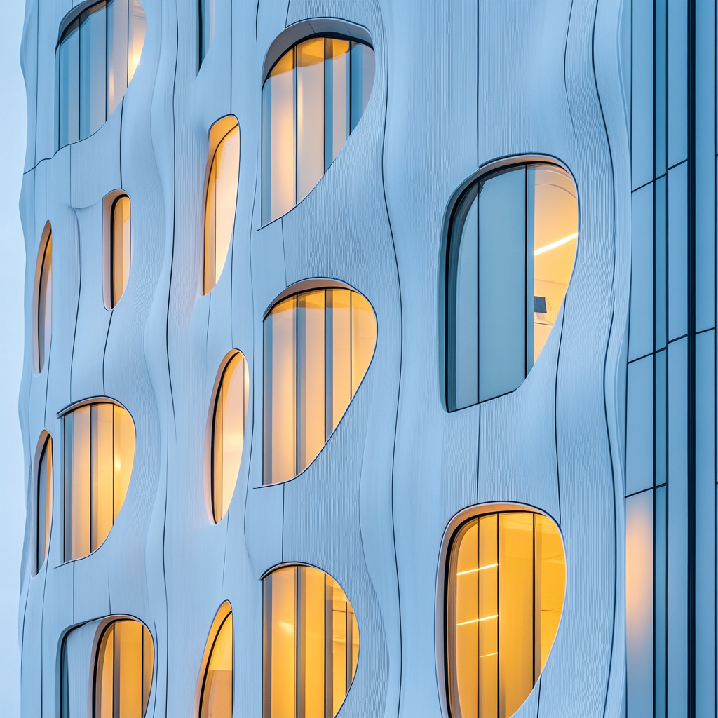 Wavy urban building with golden light reflection in windows.