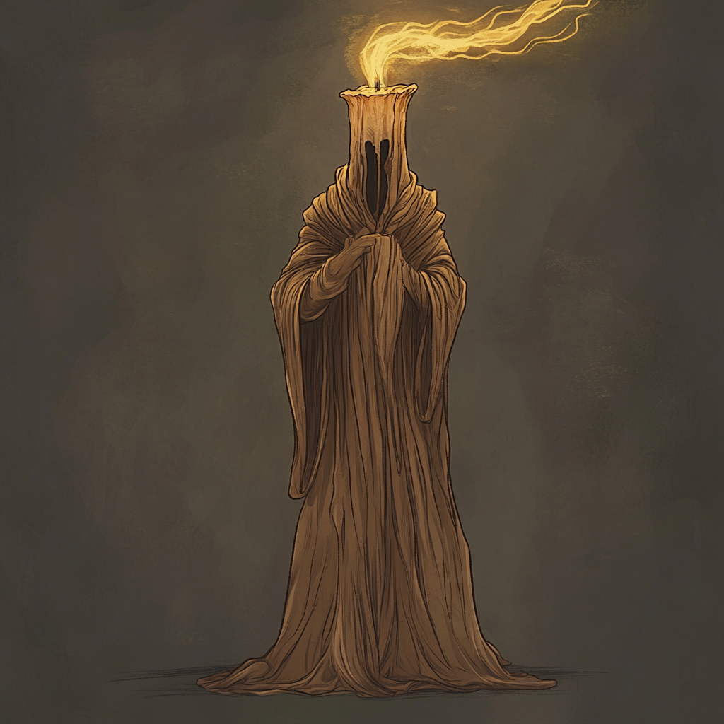 Wax candle wizard with lit wick hair, anthropomorphic.