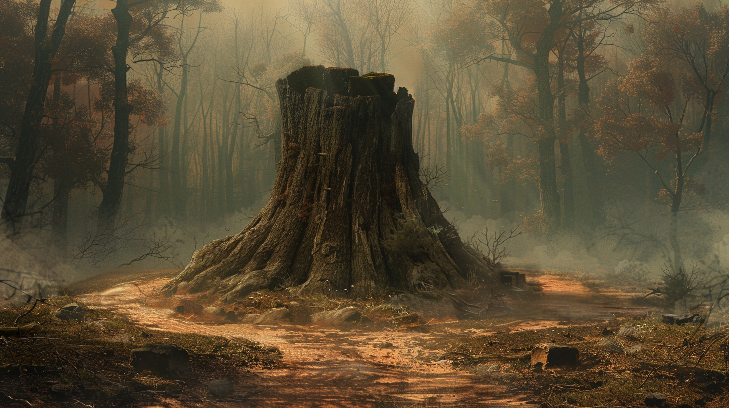 Wayne Reynolds art: Big tree stump in foggy forest.